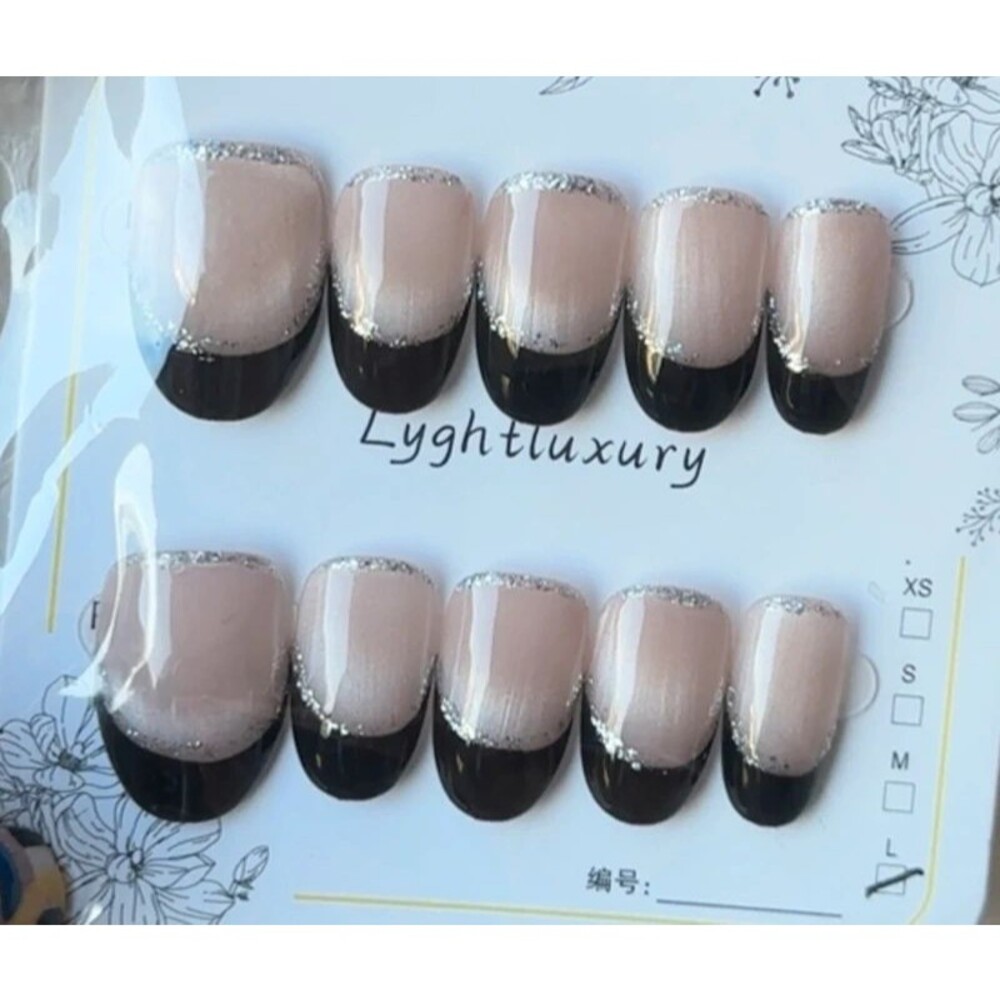 Silver Glitter/Black French Tip Short Oval Press On Nails Size Large